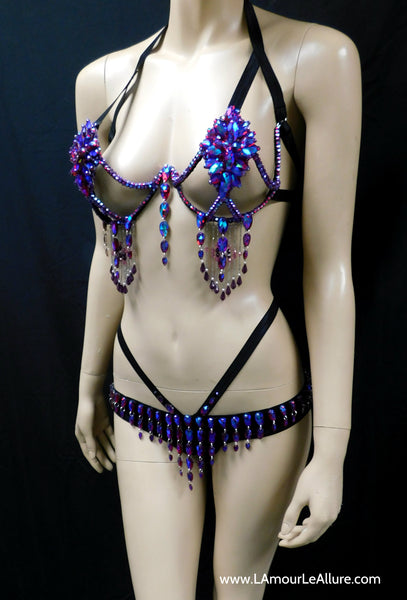 Dark Pink Blue Cotton Candy Rihanna Diamond Carnival Samba Rhinestone Top and Bottom