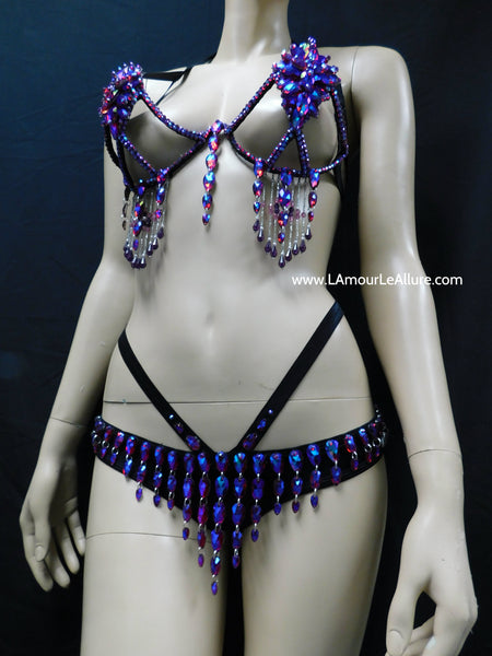 Dark Pink Blue Cotton Candy Rihanna Diamond Carnival Samba Rhinestone Top and Bottom