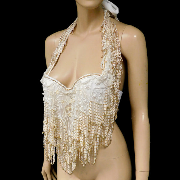 White Ivory Gold Pearl Beaded Flapper Fringe Bra