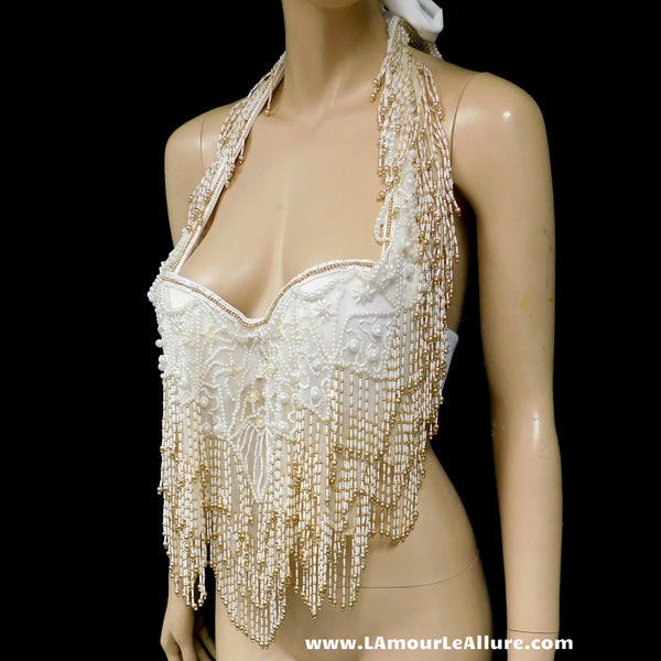 White Ivory Gold Pearl Beaded Flapper Fringe Bra