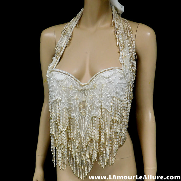 White Ivory Gold Pearl Beaded Flapper Fringe Bra