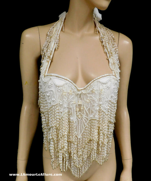 White Ivory Gold Pearl Beaded Flapper Fringe Bra