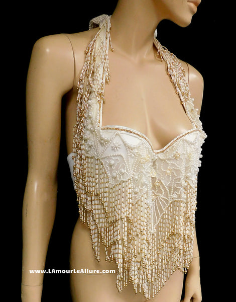 White Ivory Gold Pearl Beaded Flapper Fringe Bra