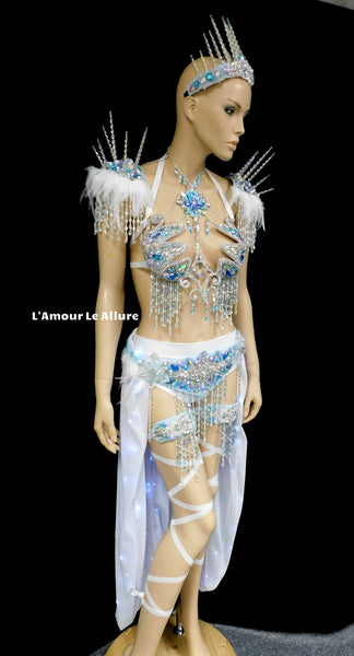 Frozen Ice Queen Elsa Icicle Crown Samba Cage Bra top LED Skirt and Thigh Garters