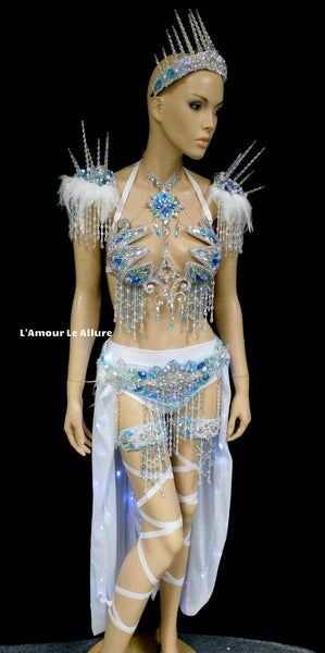 Frozen Ice Queen Elsa Icicle Crown Samba Cage Bra top LED Skirt and Thigh Garters