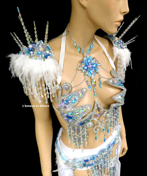 Frozen Ice Queen Elsa Icicle Crown Samba Cage Bra top LED Skirt and Thigh Garters