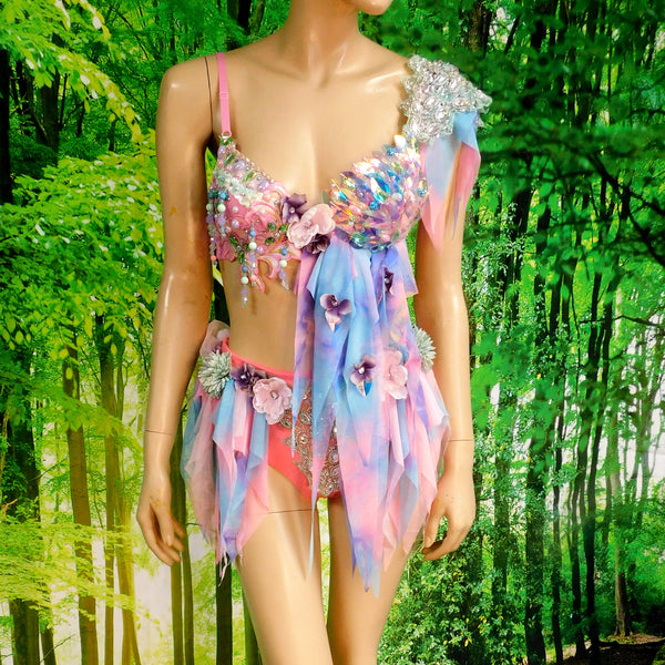 Pink Holographic Pastel Rainbow Flower Fairy Bra and Bottom