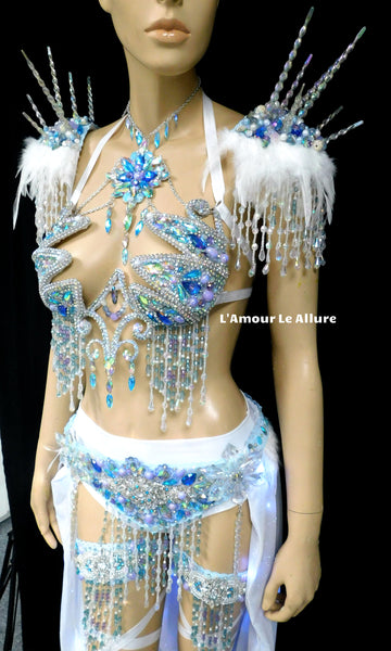 Frozen Ice Queen Elsa Icicle Crown Samba Cage Bra top LED Skirt and Thigh Garters