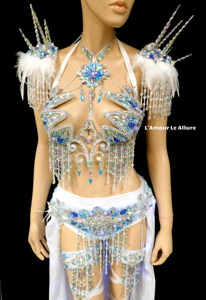 Frozen Ice Queen Elsa Icicle Crown Samba Cage Bra top LED Skirt and Thigh Garters