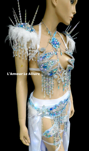 Frozen Ice Queen Elsa Icicle Crown Samba Cage Bra top LED Skirt and Thigh Garters