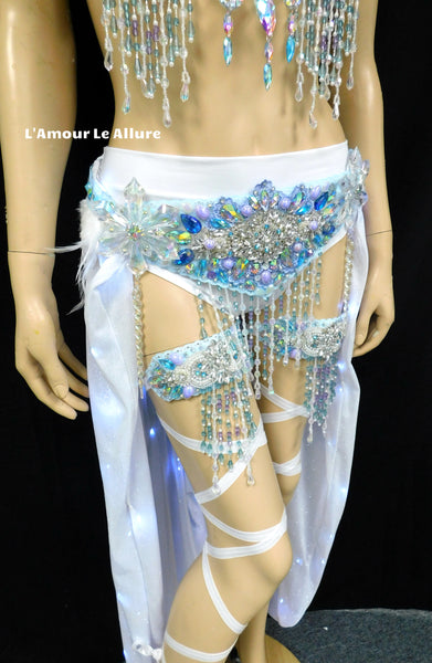 Frozen Ice Queen Elsa Icicle Crown Samba Cage Bra top LED Skirt and Thigh Garters