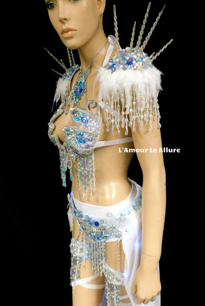 Frozen Ice Queen Elsa Icicle Crown Samba Cage Bra top LED Skirt and Thigh Garters