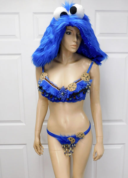 Cookie Monster Detachable Fur Hood, Bra and Thong