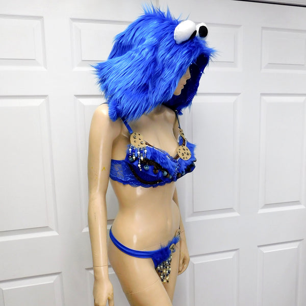 Cookie Monster Detachable Fur Hood, Bra and Thong