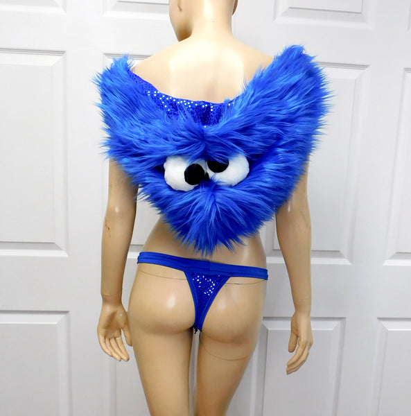 Cookie Monster Detachable Fur Hood, Bra and Thong