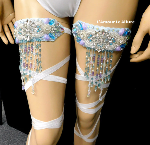 Frozen Ice Queen Elsa Icicle Crown Samba Cage Bra top LED Skirt and Thigh Garters