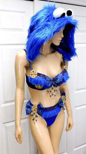 Cookie Monster Detachable Fur Hood, Bra and High Waist Bottom