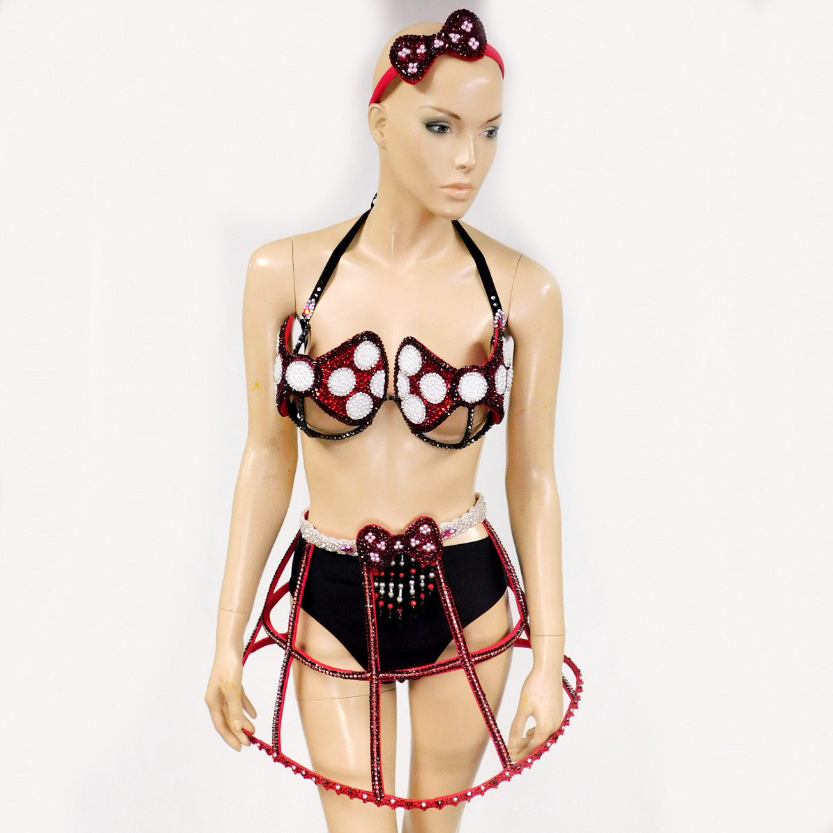 Red White and Black Polkadot  Bow Carnival Top and Skirt Halloween  Show Girl