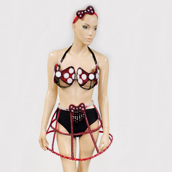 Red White and Black Polkadot  Bow Carnival Top and Skirt Halloween  Show Girl