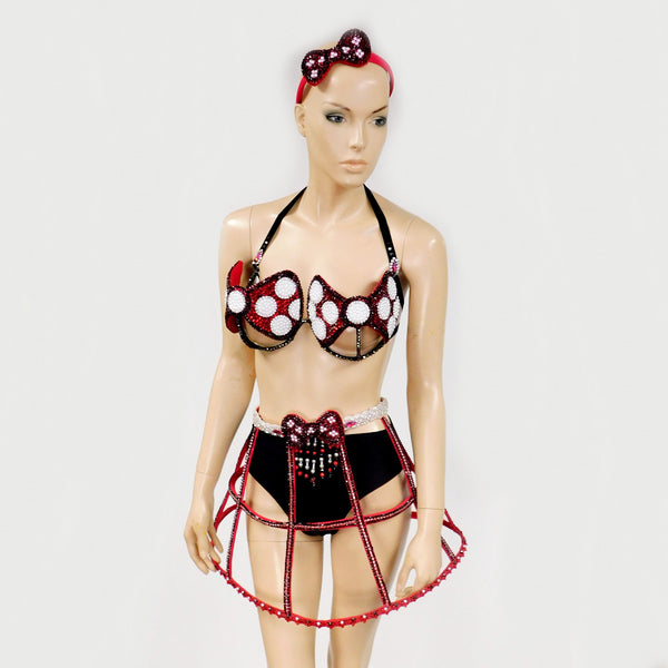 Red White and Black Polkadot  Bow Carnival Top and Skirt Halloween  Show Girl