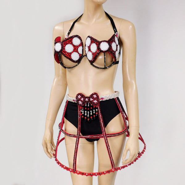 Red White and Black Polkadot  Bow Carnival Top and Skirt Halloween  Show Girl