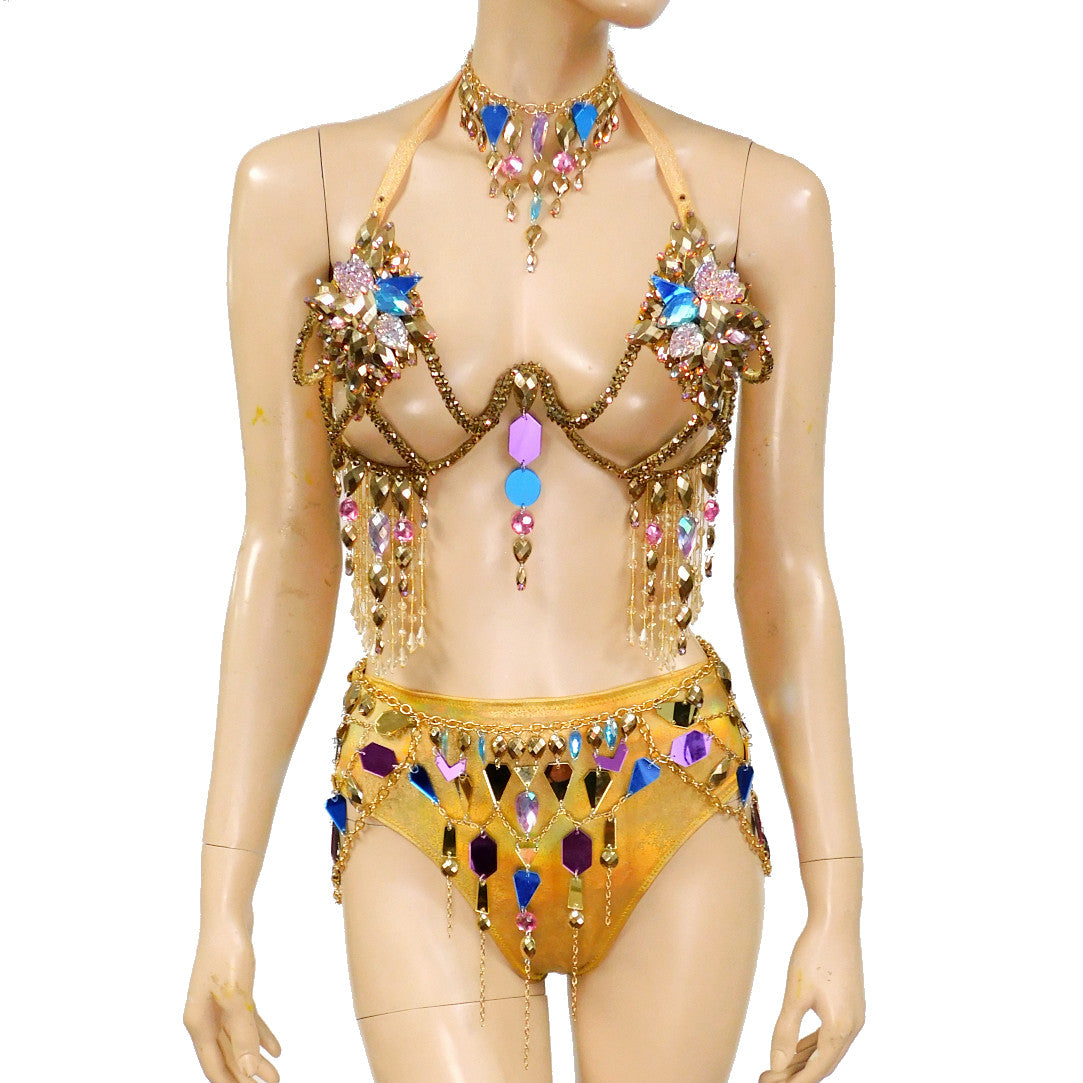 Gold Mirror Chain Goddess Samba Carnival Top Frame with Purple and Blue