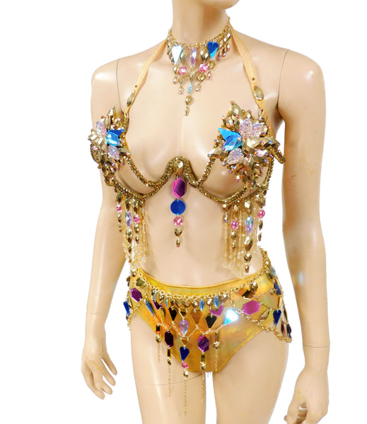 Gold Mirror Chain Goddess Samba Carnival Top Frame with Purple and Blue