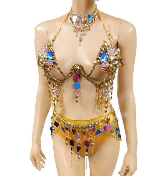 Gold Mirror Chain Goddess Samba Carnival Top Frame with Purple and Blue