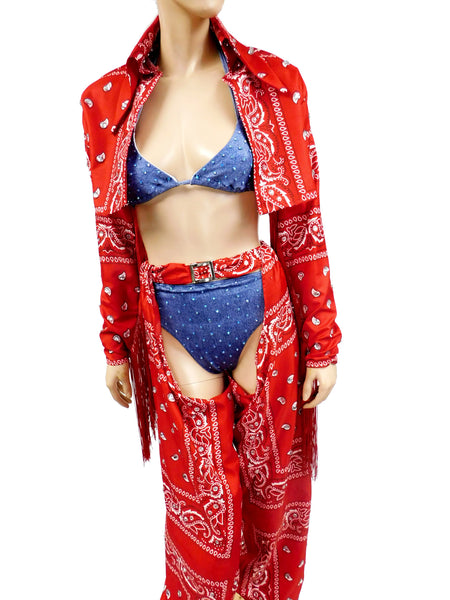 Cardi B Thotiana Inspired Costume - Red Bandana Cow Girl Jacket and Chaps with a Stretch Jean Bikini