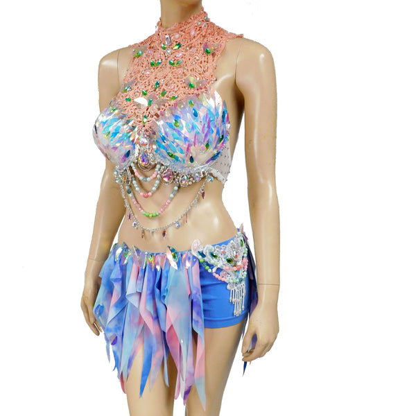 Blue Holographic Pastel Rainbow Flower Fairy Bra and Bottom Costume Halloween