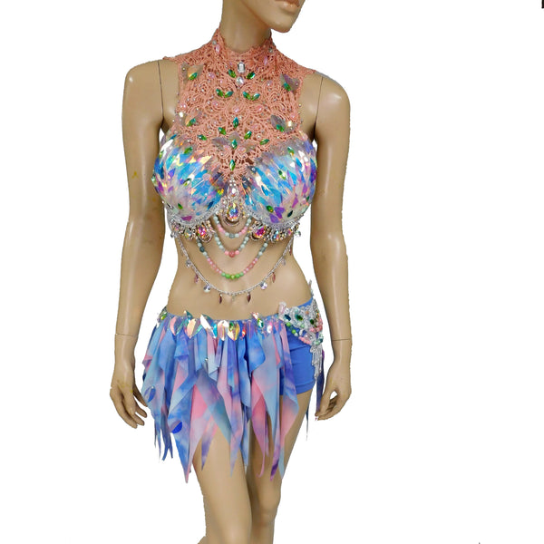 Blue Holographic Pastel Rainbow Flower Fairy Bra and Bottom Costume Halloween