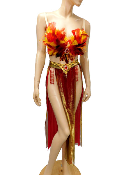 Girl On Fire Phoenix Plunge Festival Rave Top With Belly Skirt Halloween Dance Costume