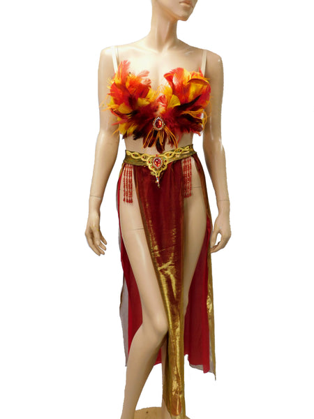 Girl On Fire Phoenix Plunge Festival Rave Top With Belly Skirt Halloween Dance Costume