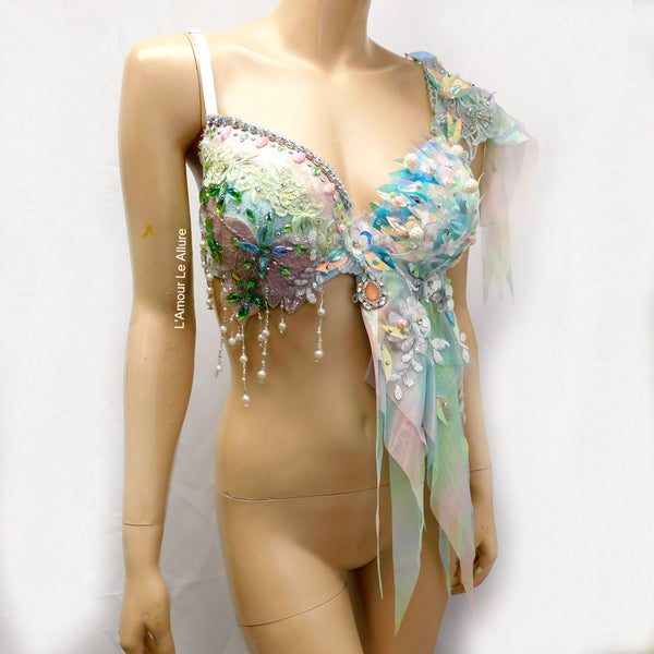 Holographic Pastel Rainbow Flower Fairy Bra Top Costume Dance Rave Halloween