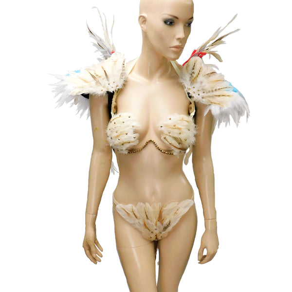 Beige Phoenix Bird Samba Bra and Bottom With Matching Wings and Shoulder Pads Dance Cage Rave Bra