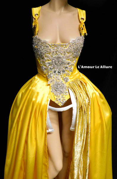 Belle Yellow Rhinestone Medieval Renaissance Ball Gown Dress Skirt with Corset and Bone skirt