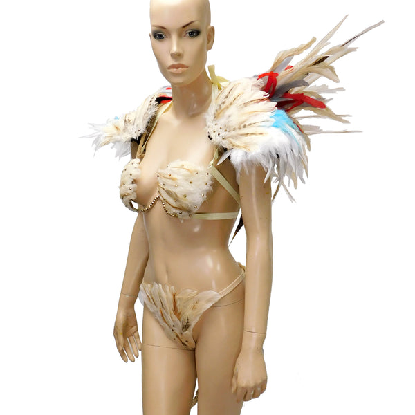 Beige Phoenix Bird Samba Bra and Bottom With Matching Wings and Shoulder Pads Dance Cage Rave Bra