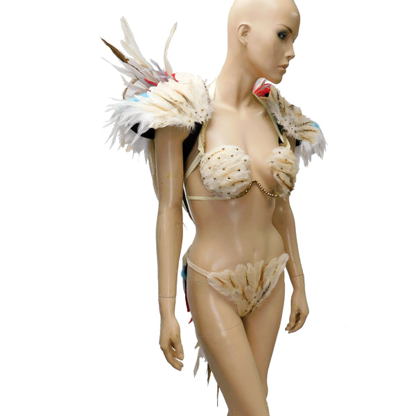 Beige Phoenix Bird Samba Bra and Bottom With Matching Wings and Shoulder Pads Dance Cage Rave Bra