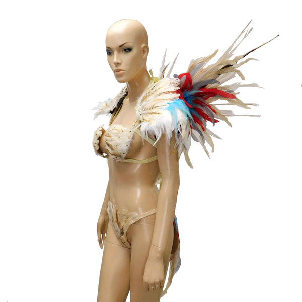 Beige Phoenix Bird Samba Bra and Bottom With Matching Wings and Shoulder Pads Dance Cage Rave Bra