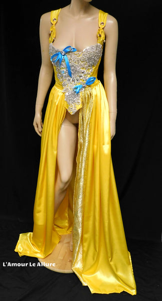 Belle Yellow Rhinestone Medieval Renaissance Ball Gown Dress Skirt with Corset and Blue Bows