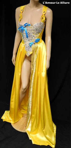 Belle Yellow Rhinestone Medieval Renaissance Ball Gown Dress Skirt with Corset and Blue Bows