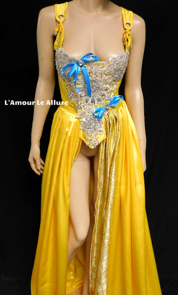 Belle Yellow Rhinestone Medieval Renaissance Ball Gown Dress Skirt with Corset and Blue Bows