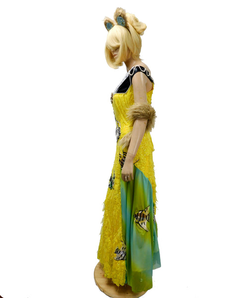 Yellow Sequins Fish Dress with Fur Shawl and Ears Inspired By CJ From Animal Crossing