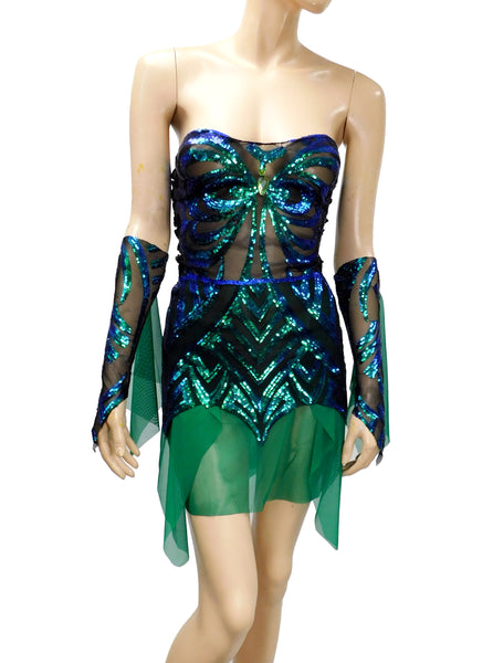 Dark Green and Blue Iridescent Sequins Butterfly Goddess Nymph Fairy Dress Dance Festival