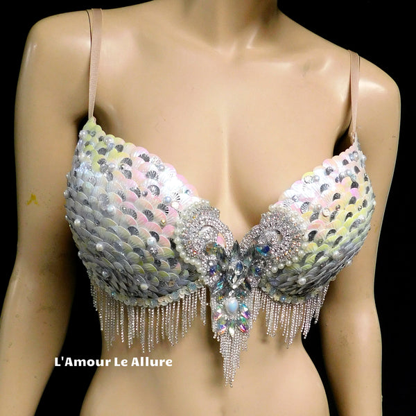 Iridescent White Sequin Scale Mermaid Plunge Dance Costume Rave Bra Halloween