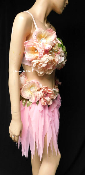 Spring Fairy Floral Bra with High Waisted Skirt - Light Pink