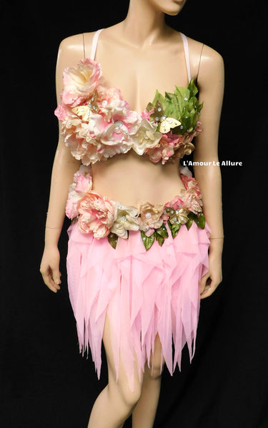 Spring Fairy Floral Bra with High Waisted Skirt - Light Pink