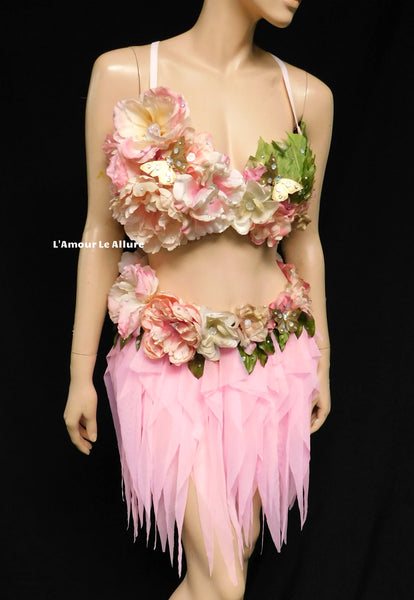 Spring Fairy Floral Bra with High Waisted Skirt - Light Pink