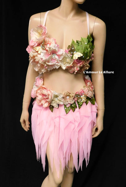 Spring Fairy Floral Bra with High Waisted Skirt - Light Pink