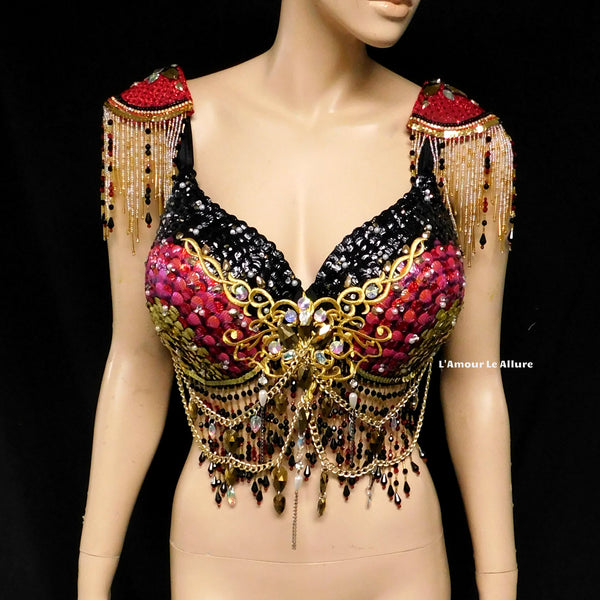 Royal Gold Black and Red Sequin Scale Mermaid Top Dance Costume Halloween